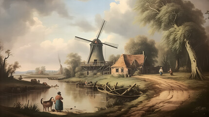 Dutch painting style landscape. traditional holland detailed illustration. Netherlands culture. image created with ai - obrazy, fototapety, plakaty