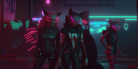 Obraz premium Cyberpunk Style Street Cat Gangs on the Prowl in Futuristic Neon lit Street Cat City