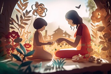Mother and child enjoying a sunny morning moment on Mother's Day,  temple background, soft-focus garden setting, 8K vibrant colors, photorealistic, Generative AI, Generative, AI
