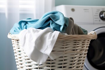 Clothes in laundry basket, washing machine background. Laundry concept. Generative AI