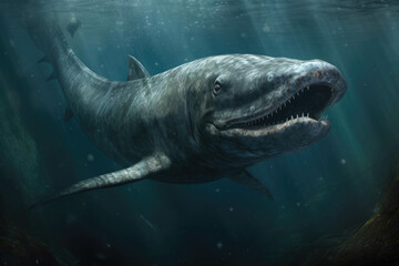 A basilosaurus its long serpentine body slithering through the depths of an ancient ocean its mouth agape and ready to catch its prey.. AI generation. Generative AI
