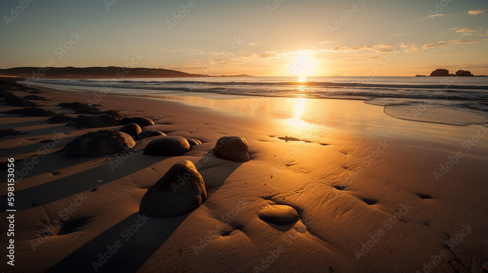 Poster the sun is setting on the beach with rocks in the sand. ai generative image