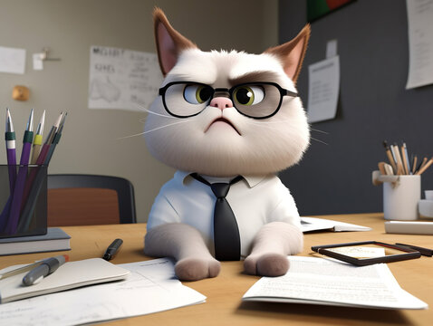 Cat sitting behind a desk with glasses and tie, tired and angry. Concept of stressful office life. Generative AI