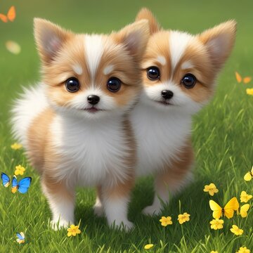 8K image of a cute little dogs in the grass facing the camera, surrounded by fluttering butterflies. Fluffy fur and big eyes add to the adorable charm.
