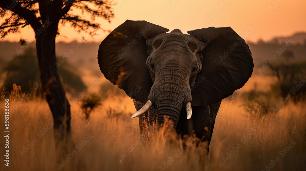 Poster an elephant standing in a field with a tree in the background. ai generative image