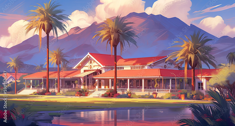 Poster a painting of a house with palm trees in front of it. ai generative.
