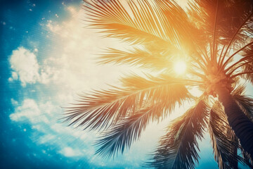 palm tree on the beach with sun shining through leaves