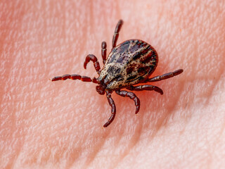 Infectious Encephalitis Tick Insect on Skin. Encephalitis Virus or Lyme Borreliosis Disease Infected Dermacentor Tick Arachnid Parasite Bite Close-up.