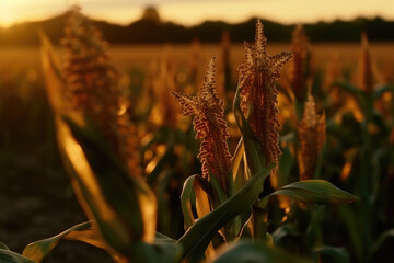 Close up of corn in a corn field, corn farm on late summer sunset, corn farming concept. Generative AI.