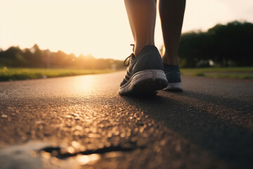 Close-up view from the ground on a runners leg on the road, jogging, taking care of health. Generative AI.