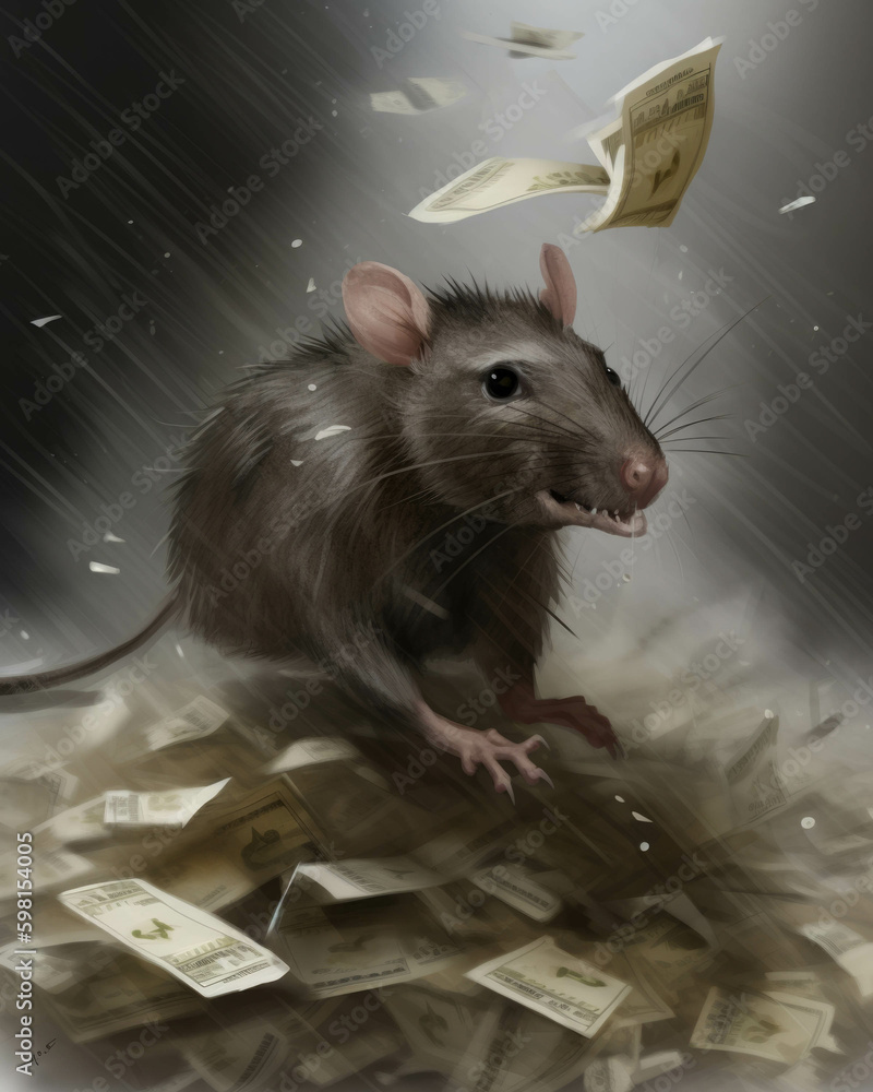 Poster a rat running away from a mountain of bills bills raining down in its wake.. ai generation. generati