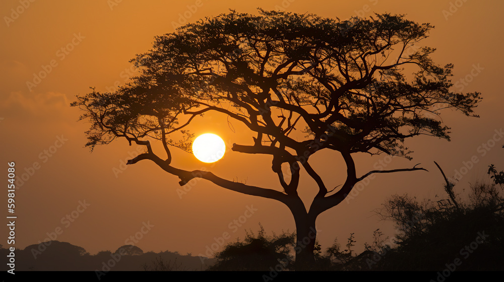 Poster the sun is setting behind a tree in the wild. ai generative image