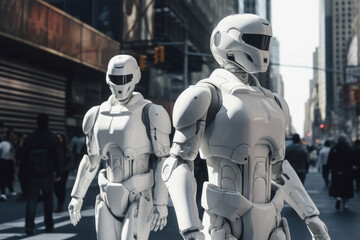Humanoid white robots against the background of a huge city, among people, the concept of technology development, robotic help to people. Generative AI.