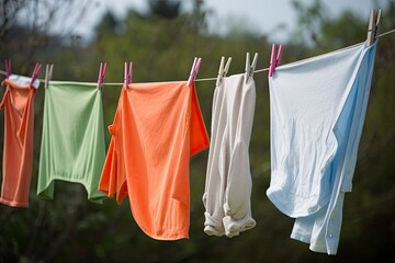 Clothes on the clothesline. Rope with clean clothes outdoors on laundry day. Laundry concept. Generative AI