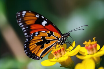 Fototapeta na wymiar A beautiful butterfly resting on a flower, enjoying the sunshine and sipping nectar. Generative AI, AI.