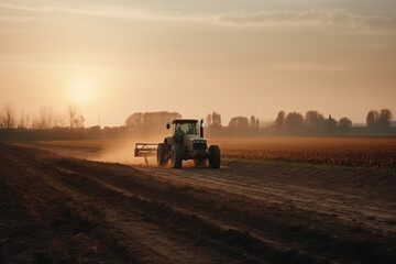 Tractor drives across large field making special beds for soil and farming, the concept of cultivating the field, agricultural work, sunset. Generative AI.