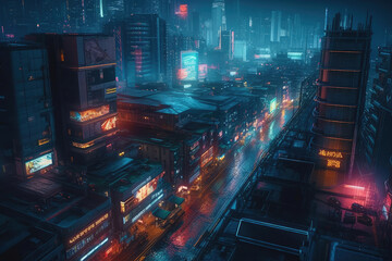 View of a modern city in cyberpunk style with neon light and a futuristic vision of the future. Generative AI.