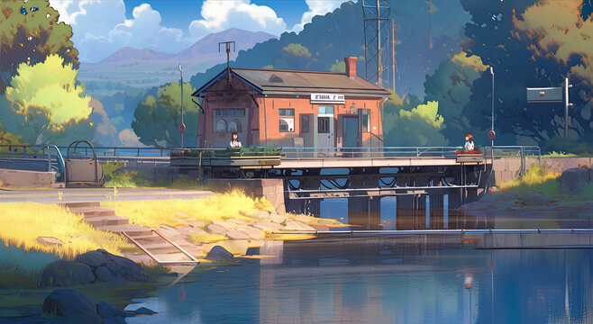 A painting of a train crossing a bridge over a river. AI generative.