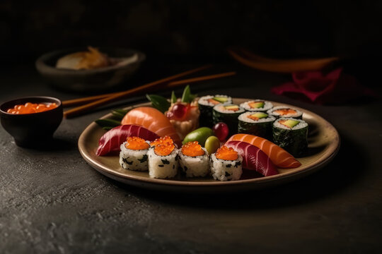 Tasty and beautiful sushi plate from the best sushi restaurant, the concept of eating tasty food, suchi food. Generative AI.