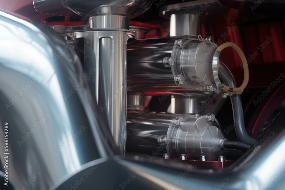 Poster a close up of a chromeaccented silver and red racing car with an open engine view and slick aerodyna