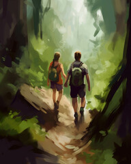 A couple hiking together hand in hand exploring different terrains and dimensions of their relationship Psychology emotions concept. AI generation. Generative AI