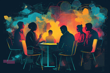 Group of people work together and solving problems. Artistic brainstorming session with a vibrant color scheme and focused lighting. Generative AI, AI. - obrazy, fototapety, plakaty