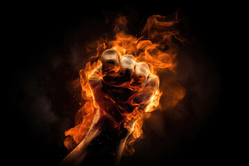 Fototapeta premium Powerful fist emerging from flames using dramatic lighting, warm colors, and a bold artistic style. Generative ai.