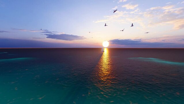 Sailboat sunset fantasy with a silhouetted boat sailing along its journey against a vivid colorful sunset with birds flying in formation against an orange and yellow color filled sky. 3d animation.
