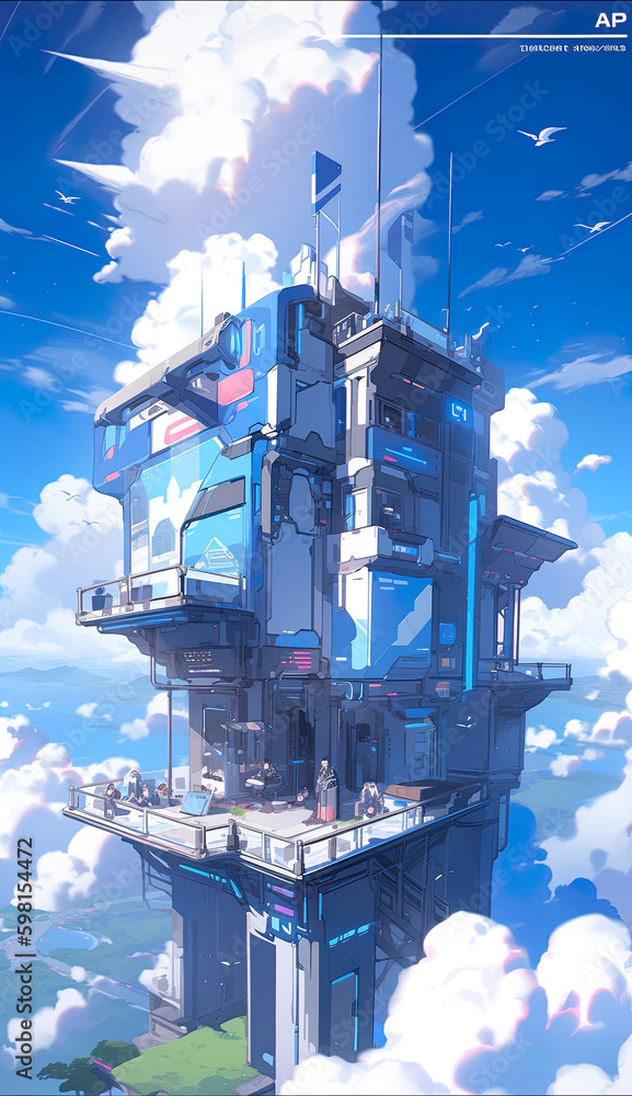 Poster a tall building in the middle of a cloudy sky. ai generative.