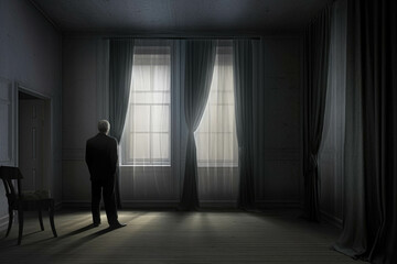 Obraz premium A closed window curtains the interior of a room where a lonely man wearing a black suit mourns his lost Psychology emotions concept. AI generation. Generative AI