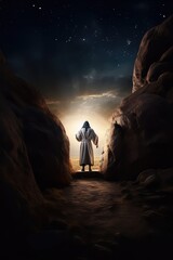 Jesus sitting in a fantasy world, Jesus in a metaverse world, Beautiful calm landscape, mountains and rivers, trees and moonlight, praying in calm environment, meditations, Jesus after resurrect