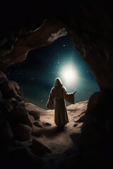 Jesus after the resurrection, Jesus is risen bible verse, Jesus praying, Jesus doing meditations, Jesus at night, Jesus with followers, dramatic environment, dramatic lighting, desert lighting