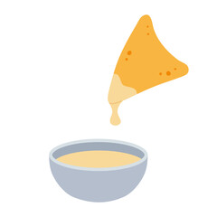 Nachos with cheese sauce. Traditional Mexican food. Corn tortilla chips. Hand-drawn colored flat vector illustration isolated on white background.