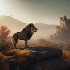 Fototapeta na wymiar a lion standing on a rock