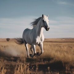 Obraz na płótnie Canvas a white horse running on the meadow