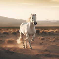 a white horse running on the meadow