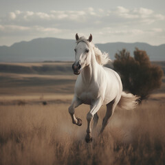 Obraz na płótnie Canvas a white horse running on the meadow