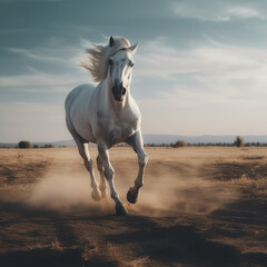 a white horse running on the meadow