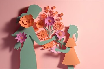 Child surprising mother with flowers on Mother's Day, pastel pink heart-shaped background, paper cut style, 8K vibrant colors, Generative AI, Generative, AI