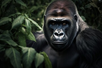 Obraz premium Close up portrait of a gorilla in the jungle illustrated using generative Ai