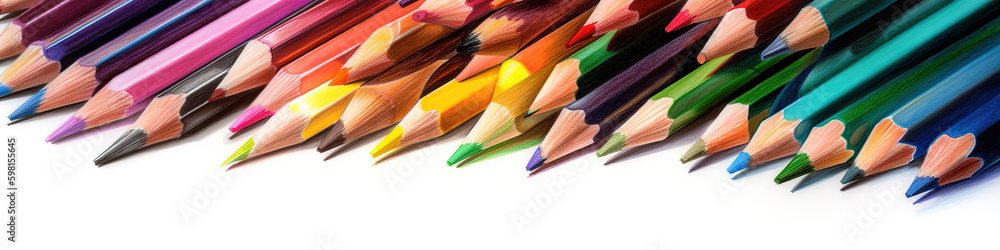 Poster a group of colored pencils lined up on a white surface. ai generative image