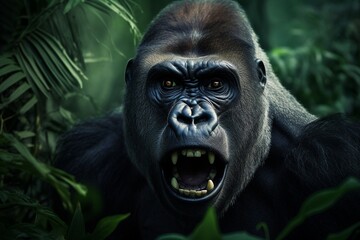Fototapeta premium Close up portrait of a gorilla in the jungle illustrated using generative Ai