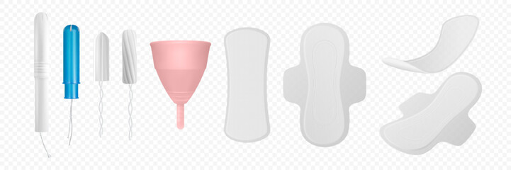Vector 3d Realistic Menstrual Hygiene Products - Tampon, Tampon with Applicator, Menstrual Cup and Sanitary Pad Icon Set Closeup Isolated. Feminine Hygiene Icons - Sanitary Menstrul Pads, Tampons, Cup - obrazy, fototapety, plakaty