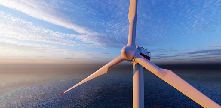 Offshore wind turbines farm on the ocean. Sustainable energy production, clean power. Close-up wind turbine. 3D Rendering