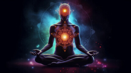 cosmic rebirth, life creation through, deep meditation and chakras, focus point, meditation, Generative AI