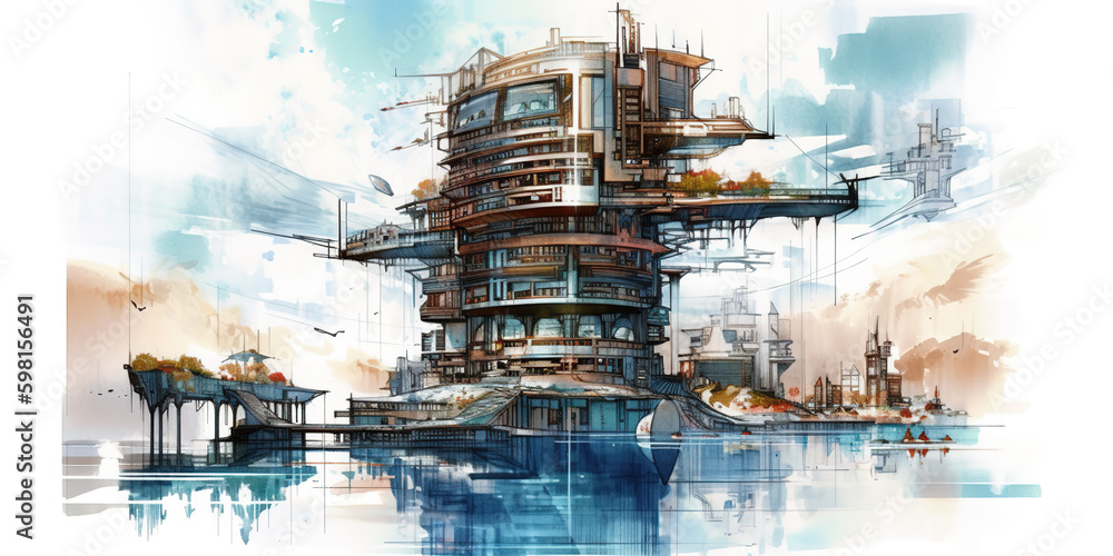 Aufkleber a drawing of a building with a lot of windows. ai generative image