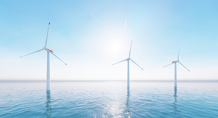 Ocean Wind Farm. Windmill farm in the ocean. Offshore wind turbines in the sea. 