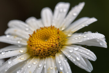Fototapeta premium White common daisy with yellow stamens, spring daisy with delicate petals, flower head macro. AI generated content