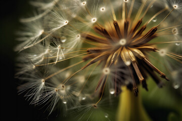 Obraz premium dandelion seed macro. parachutes dandelion on a dark background. AI generated content.