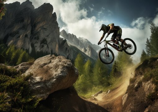 exhilarating action mountain biker man riding bike hill trail ultra alpine grind gravity fullface focus foreground sequential strong walls lifted drifting pronounced contours, generative ai